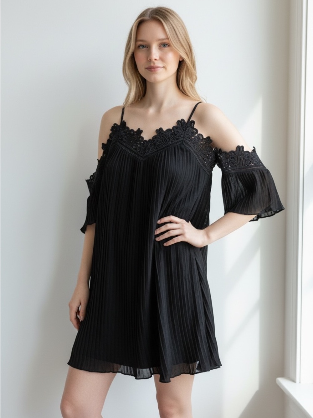 Aqua Black Cold-Shoulder Pleated Lace-Trim Mini Dress